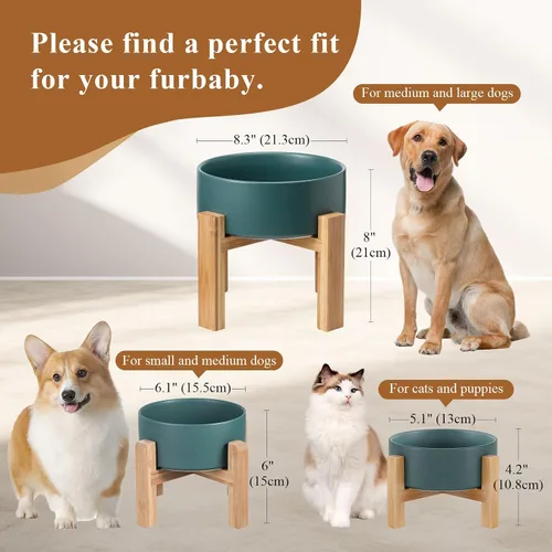 Vista 9 de Cuenco elevado de cerámica para gatos - Cuenco de comida para gatos con soporte de bambú - Plato elevado de comida para perros para cachorros - Verde