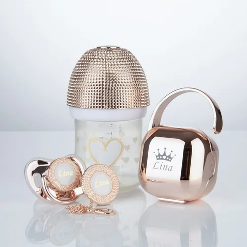 Vista 3 de Lujoso juego de 3 chupetes de bebé y biberón personalizados con nombre para niño y niña, 0-6 meses, 6-18 meses, regalo de baby shower, juego