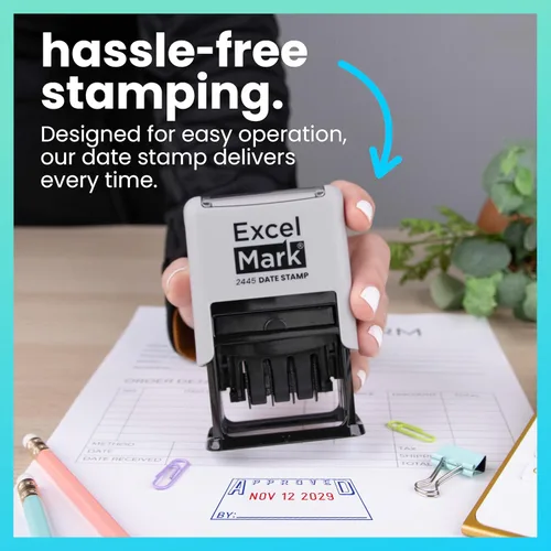 Vista 5 de ExcelMark 2445 Sello de fecha con texto – tinta azul y roja (montaje gris, aprobado)