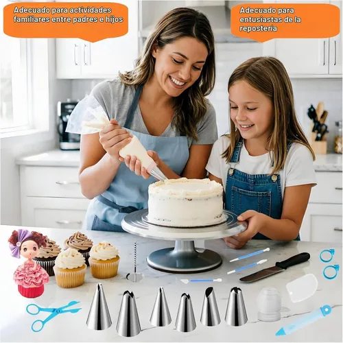 Vista 7 de ANSLYQA Kit de decoración de pasteles, 393 piezas con plato giratorio de aluminio para tartas, nivelador, 55 puntas de glaseado numerado + falda, 2