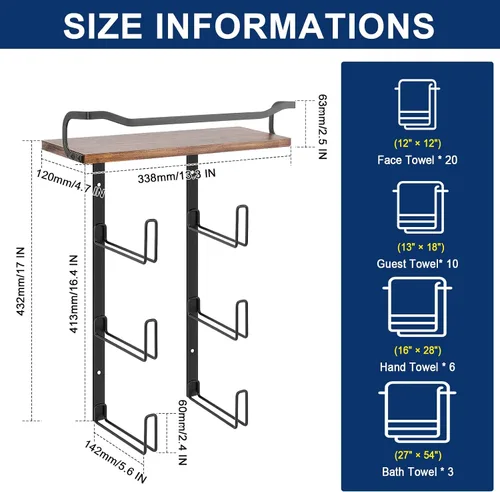 Vista 5 de NearMoon Toallero con estante de madera, soporte organizador de toallas de metal inoxidable para almacenamiento de baño, montado en la pared