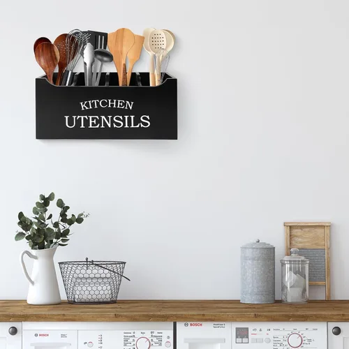 Vista 3 de Soporte para utensilios de cocina de madera, extra grande, 4 compartimentos, con parte inferior de drenaje para encimera, organizador