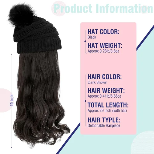 Vista 5 de Gorro Peluca Gorro de Punto con Cabello Extensiones Largas Onduladas Gorro de Punto con Pompón Incorporado Cabello Postizo Sintético Extraíble