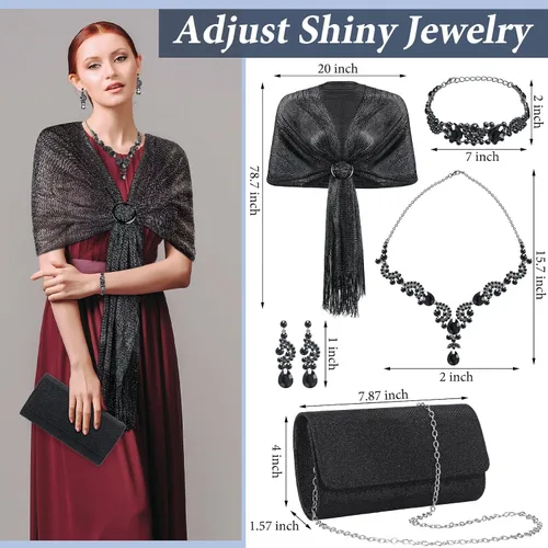 Vista 4 de Tiamon Juego de 5 piezas de joyas de diamantes de imitación, chales y envolturas formales para mujeres, vestidos de noche, bodas nupciales