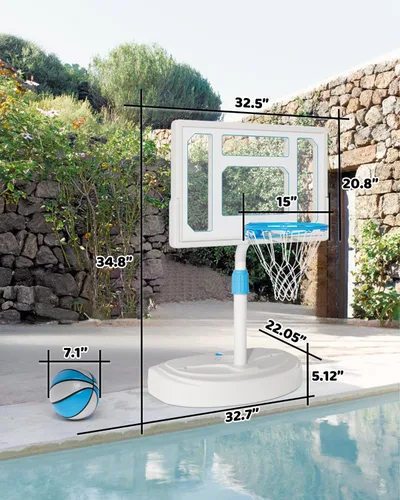 Vista 9 de Pool Basketball Hoop, Adjustable Swimming Pool Basketball Goal, Stainless Steel Poolside Hoop with 32" Shatterproof Backboard, Portable Poolside