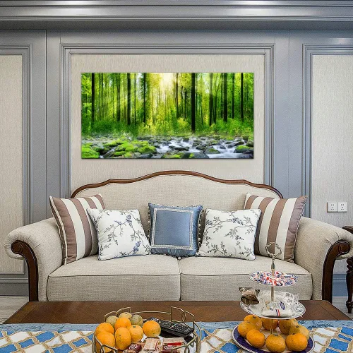 Vista 6 de Tucai Decor Lienzo decorativo para decoración de la mañana amanecer árboles verdes paisaje, sol sobre bosque, fotografía impresa en lienzo
