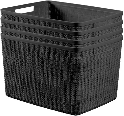 Vista 24 de Curver Juego de 6 cestas decorativas de plástico de yute mediano de 12 litros, para organización y almacenamiento, contenedores perfectos para Negro