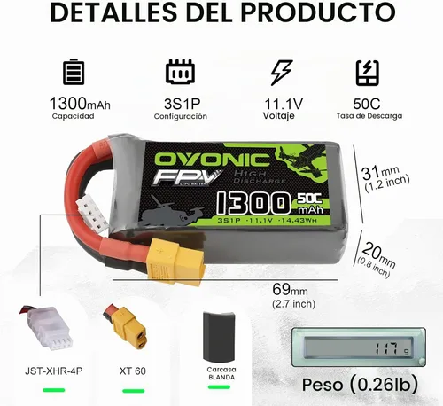 Vista 2 de OVONIC 3S Lipo Batería 50C 1300mAh 11.1V Lipo Batería con XT60 Conector para RC FPV Racing Drone Quadcopter