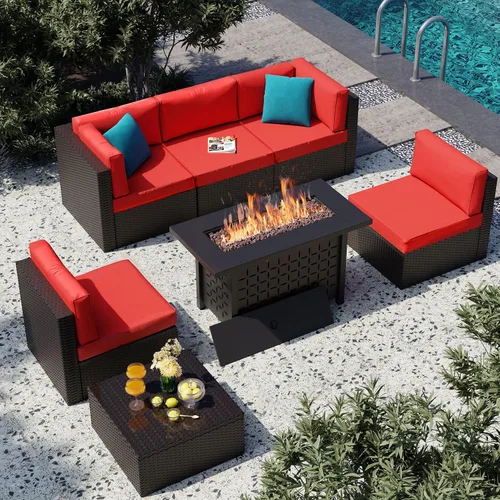 Vista 9 de Vongrasig Juego de 6 muebles de patio pequeños, sofá modular de mimbre de polietileno para todo tipo de clima, sofá seccional para exteriores
