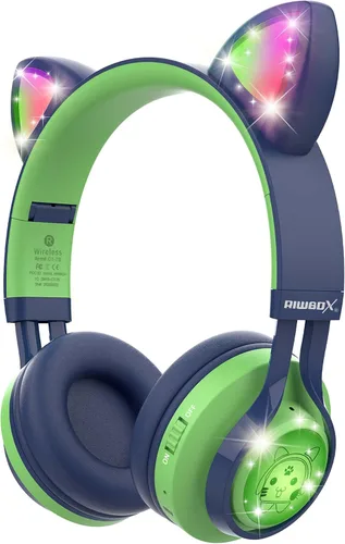 Vista 9 de Riwbox Kids Headphones, CT-7S Cat Ear Bluetooth Headphones with LED Light, 85dB Volume Limiting, Over Ear with Microphone for Laptop/PC/TV