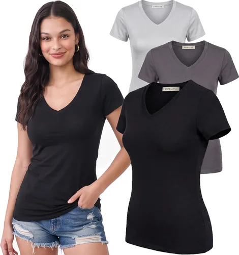Vista 81 de Emmalise Camiseta de manga corta para mujer, cuello en V, tallas junior y plus