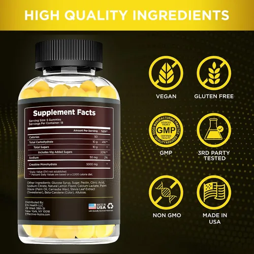 Vista 5 de Effective Nutra Gomitas de monohidrato de creatina, 0.04 oz de creatina por gomita, suplemento vegano para músculos y fuerza para hombres y mujeres