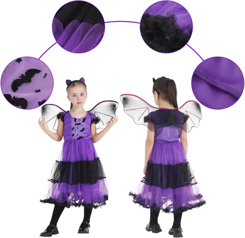 Vista 5 de EOZY Disfraz de murciélago de princesa para niñas con diadema y alas para Halloween