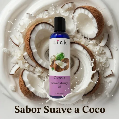 Vista 2 de Aceite de masaje con sabor a coco, aceite de masaje comestible tropical con aceite de almendras dulces y vitamina E, fórmula hidratante segura