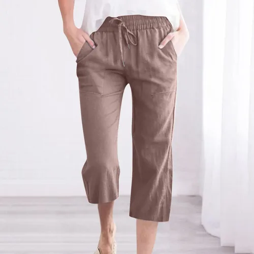 Vista 3 de WKSCLPAI Pantalones capri para mujer, casuales, de verano, talla grande, de lino, cintura alta, con cordón, pantalones cortos con bolsillos