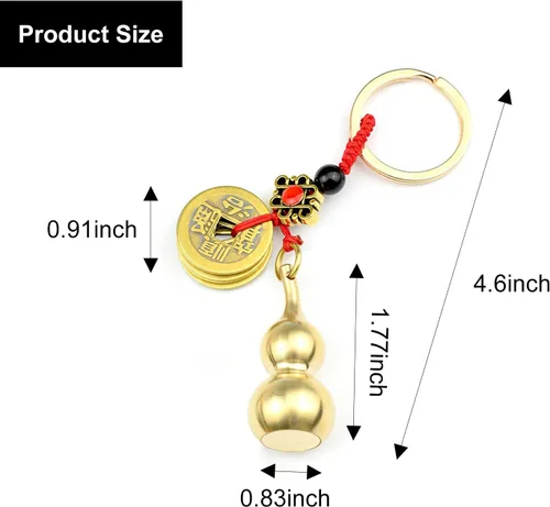 Vista 6 de 3 llaveros de latón de calabaza china Wu Lou, monedas de oro de Feng Shui para buena suerte, fortuna, longevidad, éxito, decoraciones de calabash
