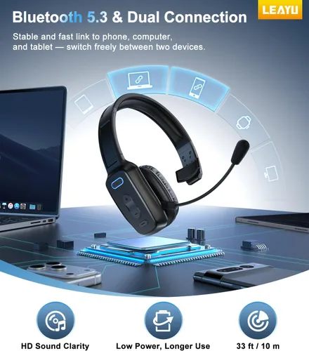 Vista 4 de Auriculares Bluetooth Trucker, micrófono con cancelación de ruido AI de 60 horas para conducir Mute Button, Multipoint Pairing, Single-Ear Design