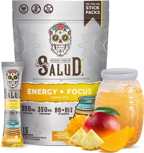 Vista 12 de Salud 2-en-1 Polvo para Bebida Energética + Enfoque, Sabor Cereza Lima, Cafeína Orgánica, B6 + B12, Teanina, Paquetes de Bebida Energética Limpia