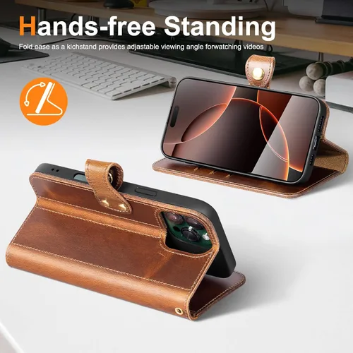 Vista 5 de Funda de cuero compatible con iPhone 16 Pro Wallet de 6.3 pulgadas, protección completa de piel auténtica a prueba de golpes, funda abatible