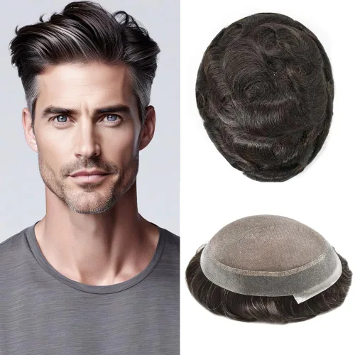 Vista 45 de Toupee para hombres Piezas de pelo fino mono para hombre Toupee sistema de reemplazo de pelo para hombres línea capilar natural para hombre postizo