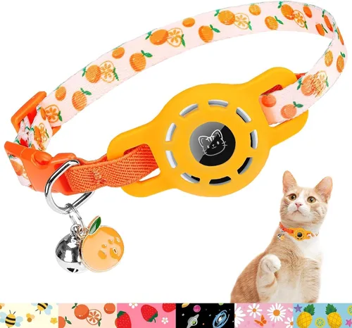 Vista 9 de BINGPET AirTag - Collar de gato con campanas, collar elástico de seguridad mejorado con soporte para collar de gato Airtag, collares de gato