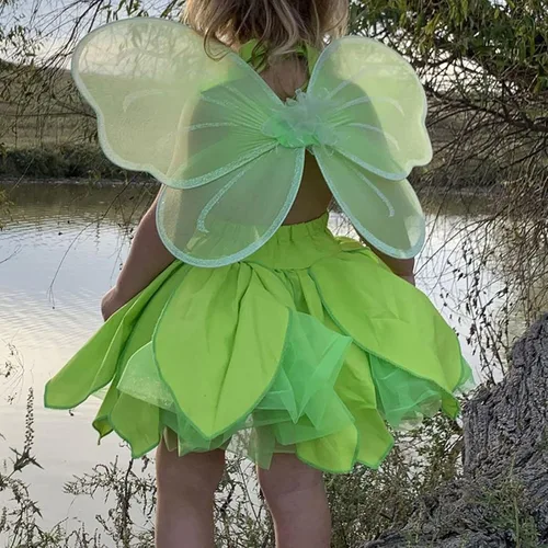 Vista 3 de Disfraz de princesa Tinkerbell para niñas pequeñas, disfraz de Halloween, disfraz de hada, mini vestido de cosplay con alas