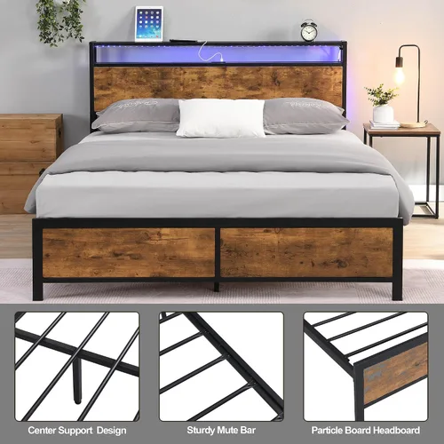Vista 4 de Base de cama matrimonial con luces LED y 2 puertos USB, marco de cama de metal con estación de carga, marco de cama de granja con almacenamiento