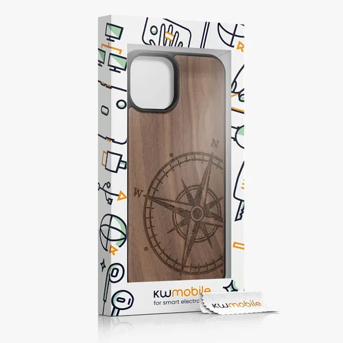 Vista 7 de kwmobile Funda de madera compatible con Apple iPhone 14, brújula de navegación, color marrón oscuro