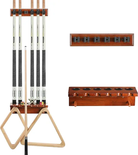 Vista 9 de EXTCCT - Soporte de pared para taco de billar, 6 tacos, color negro Solid Oak Hardwood Pool Cue Set Holder For Sticks Storage. Essential Pool