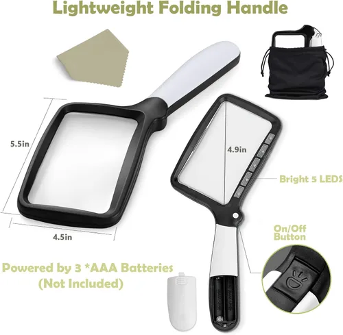 Vista 5 de Lupa de mano plegable con luz YUGYUJ, lupa iluminada de 3 aumentos con gran rectángulo y LED regulable para degeneración macular, lectura