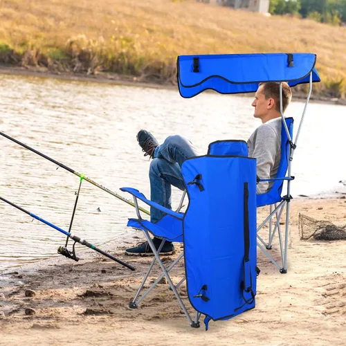 Vista 2 de Silla plegable con toldo de playa, sillas de campamento con sombra, protección solar resistente, silla de césped con soporte para tazas