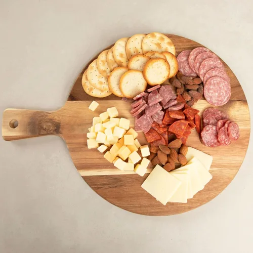 Vista 8 de Tabla de cortar de acacia prémium con asa, tabla de cortar de madera para cocina (12 x 16 pulgadas), tablas de cortar redondas de acacia para carne