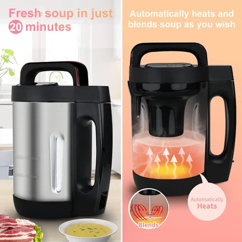 Vista 4 de Máquina para hacer sopa de 2 L, hace 4-6 porciones, máquina para hacer sopa con 6 programas preestablecidos, máquina eléctrica de sopa con Negro