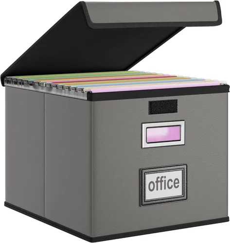 Vista 67 de Caja organizadora de archivos Huolewa con tapa, caja organizadora de carpetas de archivos colgantes de cuero sintético plegable con deslizadores