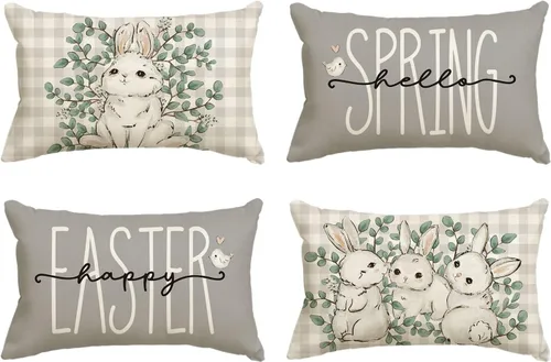 Vista 10 de AVOIN colorlife Happy Easter Buffalo - Funda de cojín de conejo a cuadros, 16 x 16 pulgadas, diseño de hojas de eucalipto, Hello Spring, para sofá