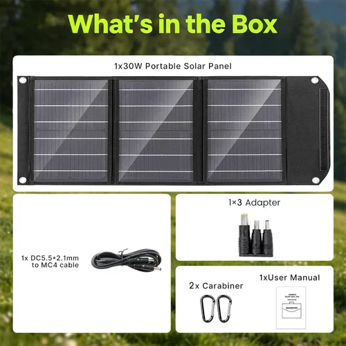 Vista 8 de MARBERO Panel solar portátil de 30 W, cargador de panel solar 23% de alta eficiencia, paneles solares plegables QC3.0 USB y puerto de CC compatible