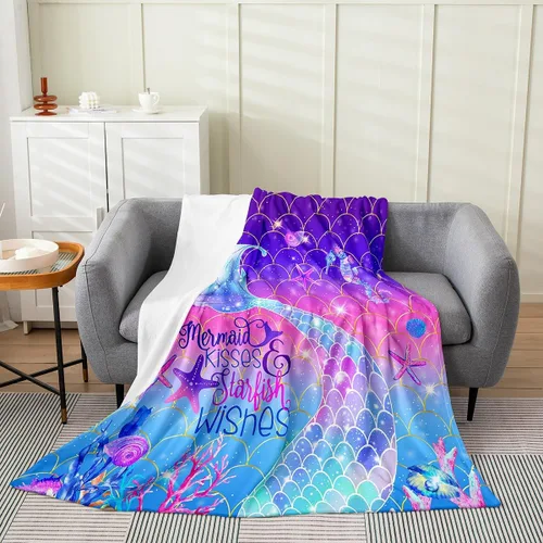 Vista 10 de Erosebridal Manta de cola de sirena para niños, manta de vellón de sirena de 40 x 50 pulgadas para niñas, manta de franela de escamas de peces