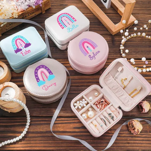 Vista 7 de Party-rainday Joyero de cuero personalizado, caja de joyería arcoíris para niña, estuche de viaje pequeño organizador de joyas, regalo de bautizo