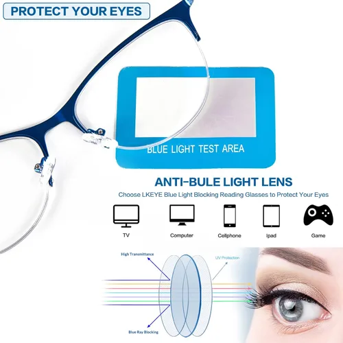Vista 7 de Gafas de lectura multifocales para mujer, progresivas multifocales, luz azul, lector de computadora, ojo de gato, metal, medio marco, sin línea