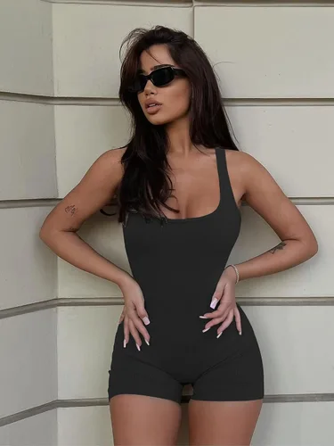 Vista 6 de AIBIANOCEL Mono corto de verano para mujer, acanalado, sin mangas, ajustado, para yoga, catsuit
