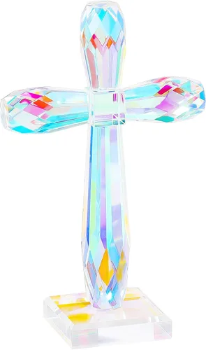 Vista 13 de YWHL Cruz de pie de cristal champagne, regalos religiosos para mujeres y hombres, figuras coleccionables de cruz de Pascua de vidrio hechas a mano