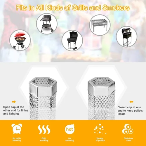 Vista 4 de Tubo ahumador de pellets, 1 paquete de 12 pulgadas Tubo ahumador con cepillo, acero inoxidable premium, 5 horas de humo intenso Tubo ahumador