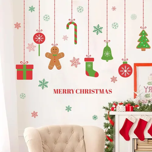 Vista 8 de Calcomanías de pared de Navidad, calcomanías de galletas de jengibre, decoración de pared de Feliz Navidad, calcomanías de pared extraíbles