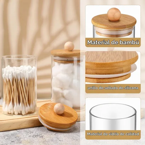 Vista 3 de Paquete de 6 tarros de boticario de vidrio con tapas, accesorios de baño de bambú, bolas de algodón, almohadillas para hisopos, frascos de baño