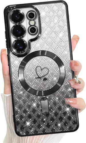 Vista 675 de Bonoma - Funda compatible con Samsung Galaxy S21 Plus, diseño de corazón con purpurina, color rosa Support for MagSafe, Plating Magnetic Case TPU