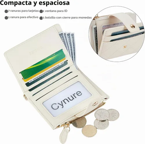 Vista 2 de Cartera de cuero para mujer, linda, pequeña, compacta, plegable con cremallera, con bolsillo para monedas Beige