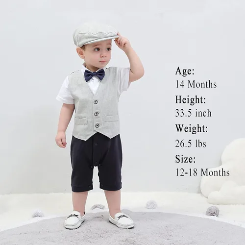 Vista 2 de HOSUKKO - Traje de bebé para caballero, mamelucos + boina + corbatín (0-24 meses)