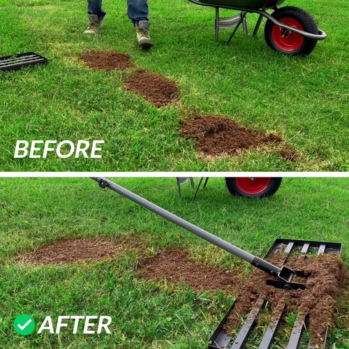 Vista 7 de Walensee Rastrillo nivelador de césped, nivelador reforzado con mango de acero de 6.5 pies 17X10 Inch Steel Head, Topdressing Spreader, Soil Sand