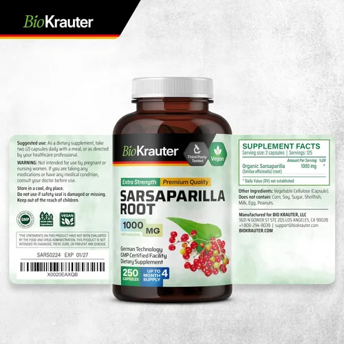 Vista 9 de BIO KRAUTER® Raíz de zarzaparrilla para apoyo hepático – Suplemento de hígado vegano y puro para limpiar 1000 mg por porción – Extracto natural