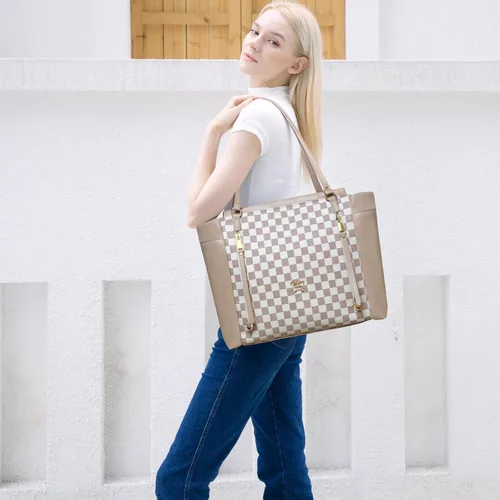 Vista 9 de miss fong Bolso de pañales de cuero con diseño a cuadros, mochila grande para mamá, bolsa hospitalaria de gran capacidad, 12 bolsillos, bolso